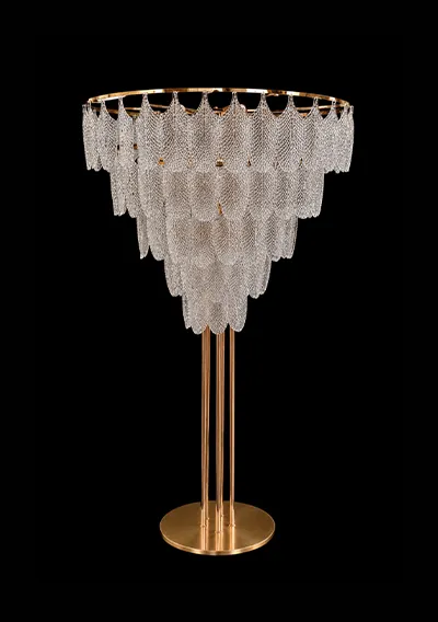 Five-level crown featuring leaf-shaped crystal leaves, complete with lighting.